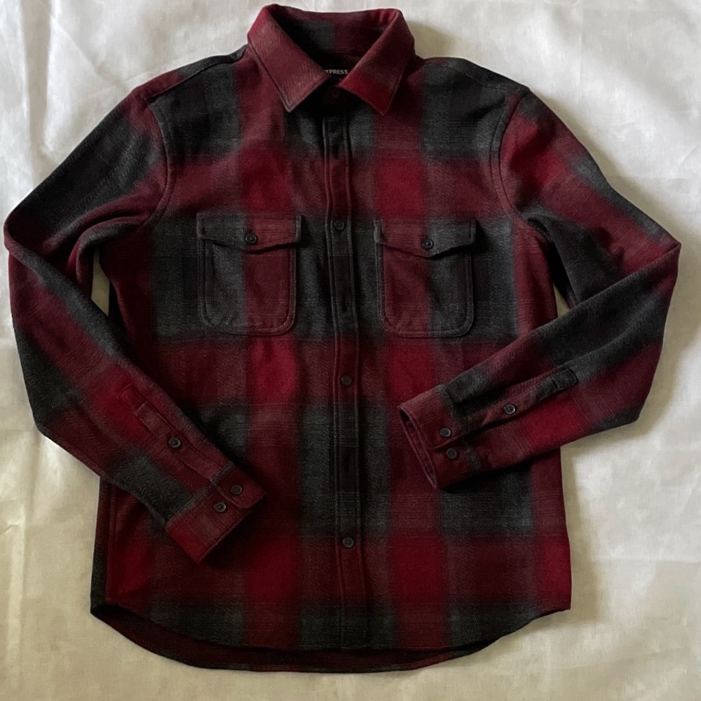 Express Men’s Red and Gray Plaid Shirt Jacket medium